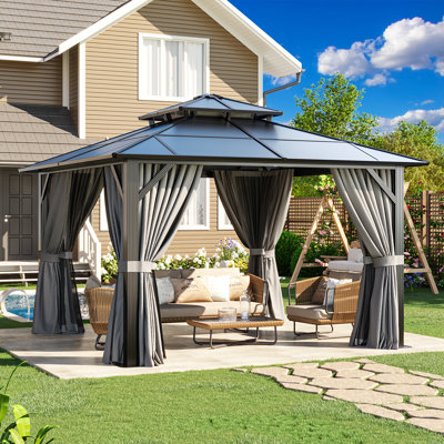 12' X 12' Hardtop Gazebo With Double Roof, Polycarbonate Outdoor Gazebo With Curtains & Netting, Aluminum Frame Permanent Patio Shelter For Backyard, Deck, Poolside