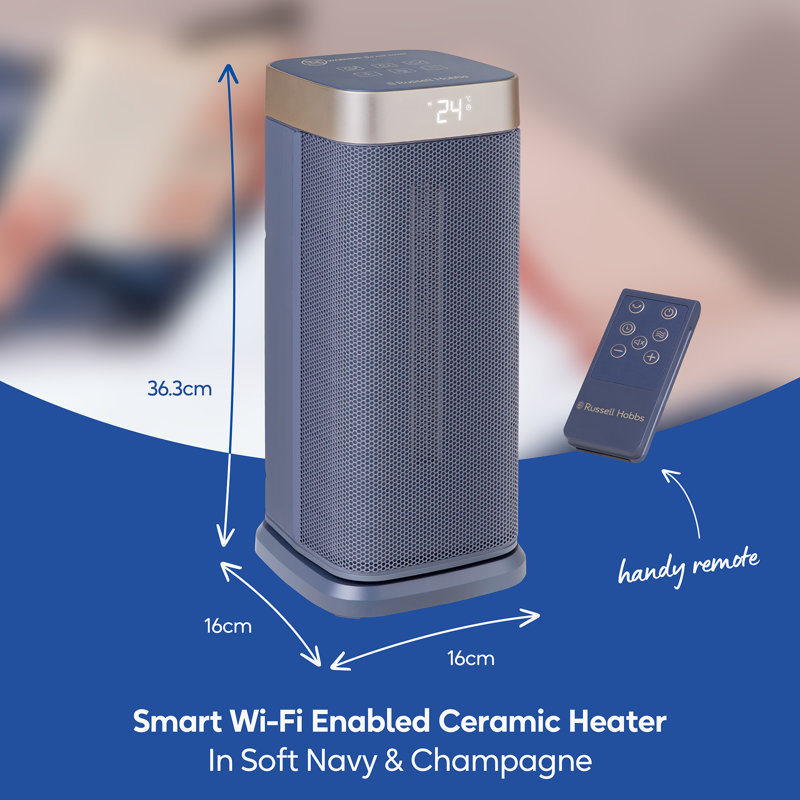 Russell Hobbs® RHCTH2002G-SMT, Square Design 2000W Smart Wi-Fi Enabled Oscillating Ceramic Heater with Digital Display in Black & Gold
