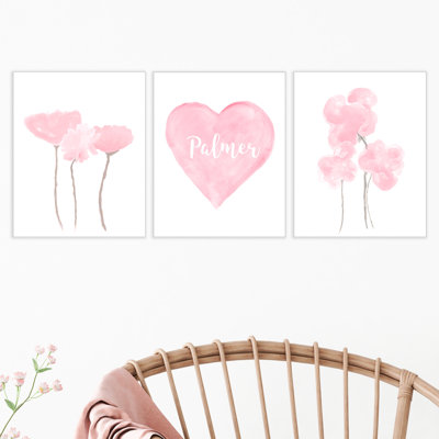Poulson Watercolor Flowers and Heart Artwork 3- Piece Set Paper Print