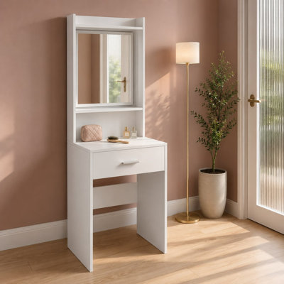 White Dressing Table with Mirror Drawer and Padded Stool Vanity Set