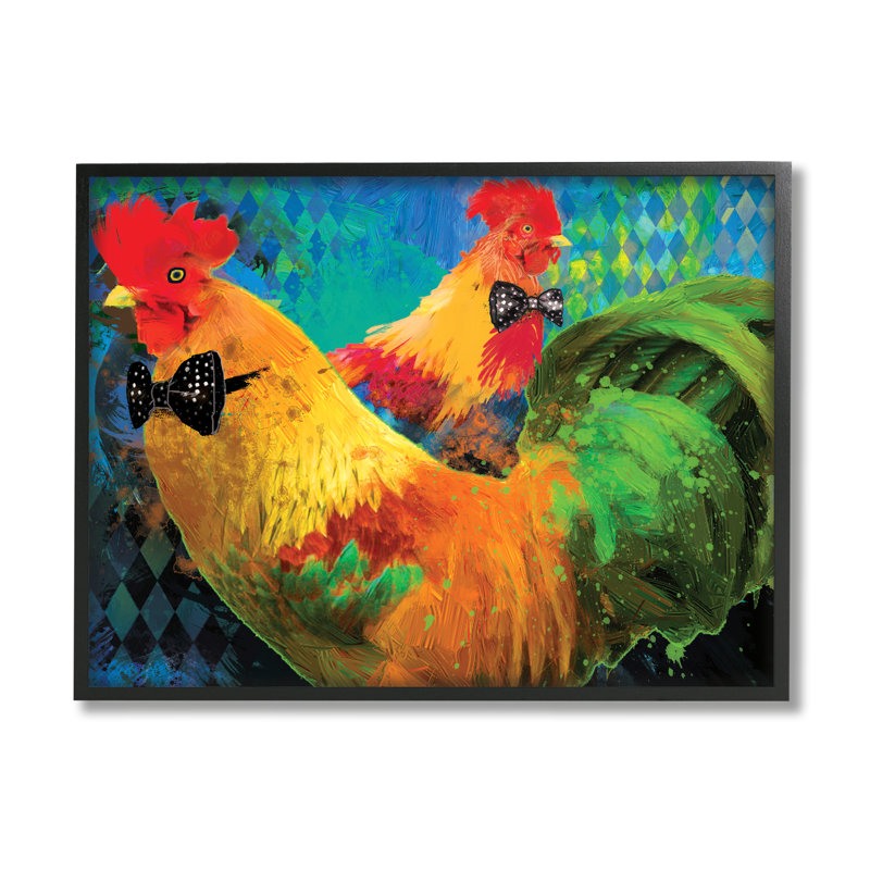 Chicken Hens Wearing Bowties Patterned Diamond Col Print on MDF, 14" W x 11" H, Midnight Black Framed Giclee