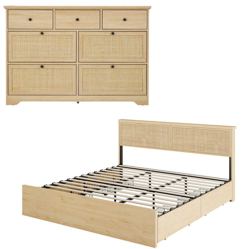 Boho Natural Rattan Bedroom Set, 2 Pcs: Bed, Dresser, Lit double