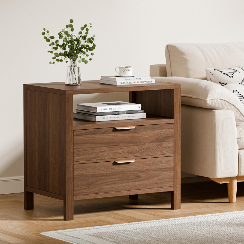 Cadre de lit tête de lit tapissier à oreilles avec table de chevet 2 tiroirs Horst, 26.38" H X 27.95" W X 17.32" D, Walnut