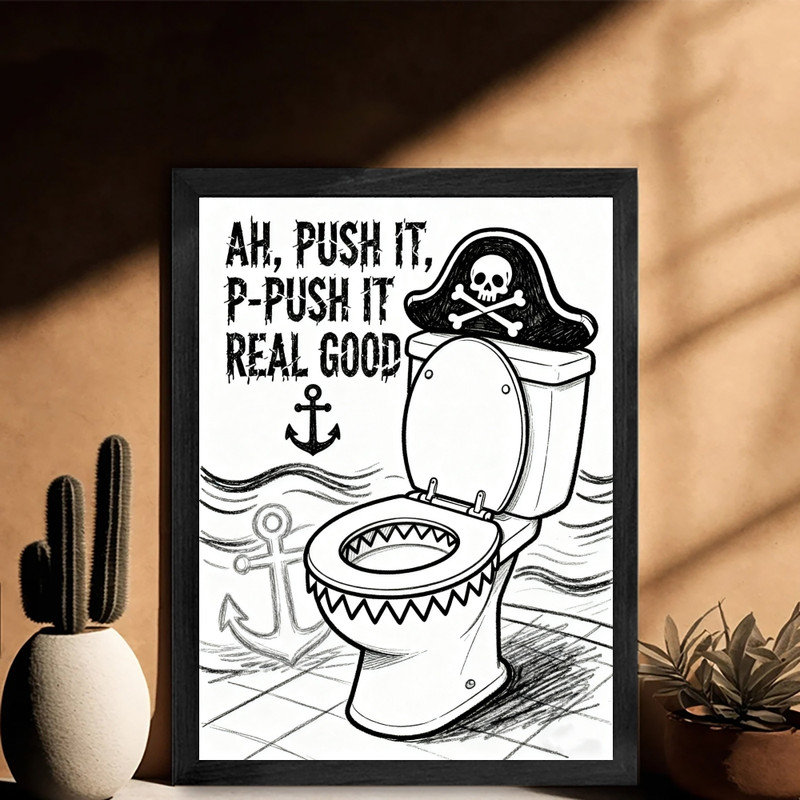 Impression sur toile noire, humour et toilette, H 11 po x l 9 po