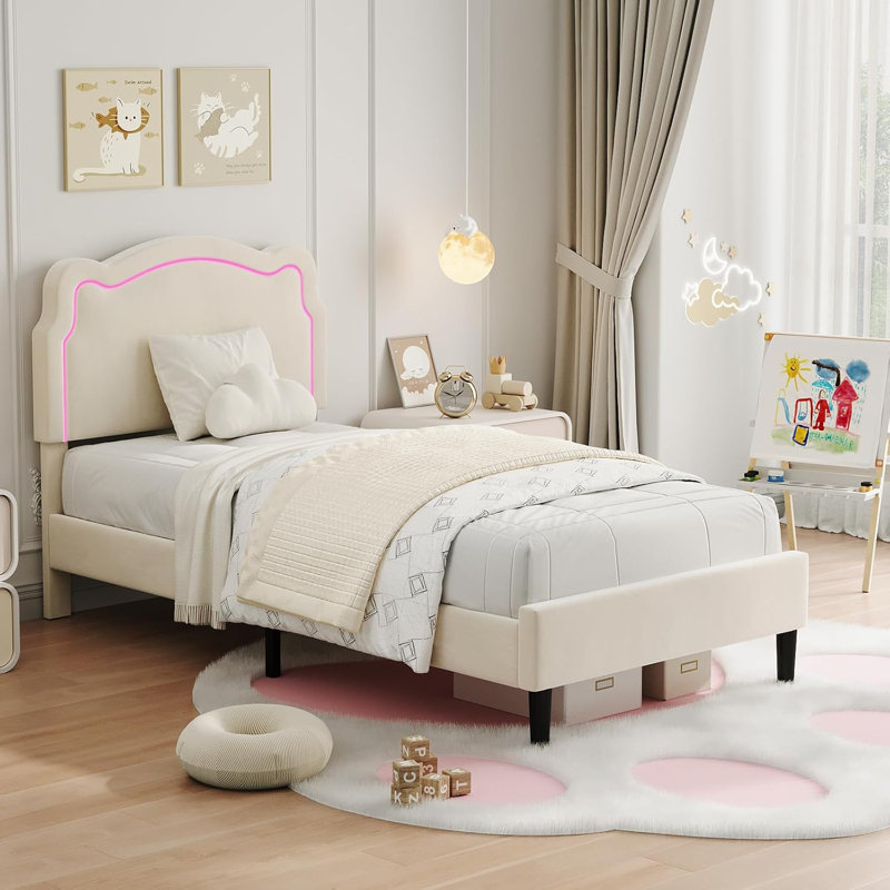 Twin Size LED Bed Frame with Adjustable Upholstered Headboard, Velvet Platform for Kids, Noise-Free, Easy Assembly