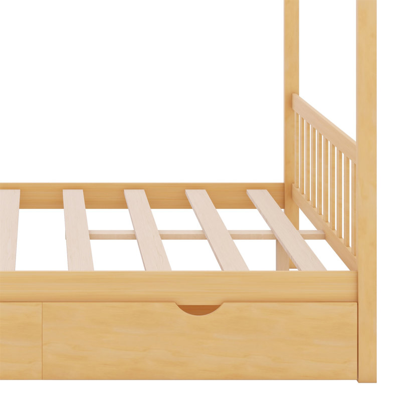 Lit plateforme House avec deux tiroirs, tête de lit et pied de lit, Naturel