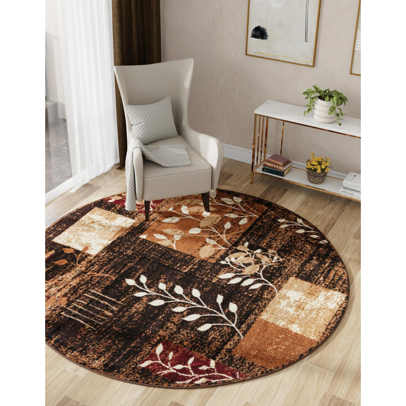 Tapis floral brun / jaune en polypropylène tissé à la machine Mehtap, Rond 7 pi