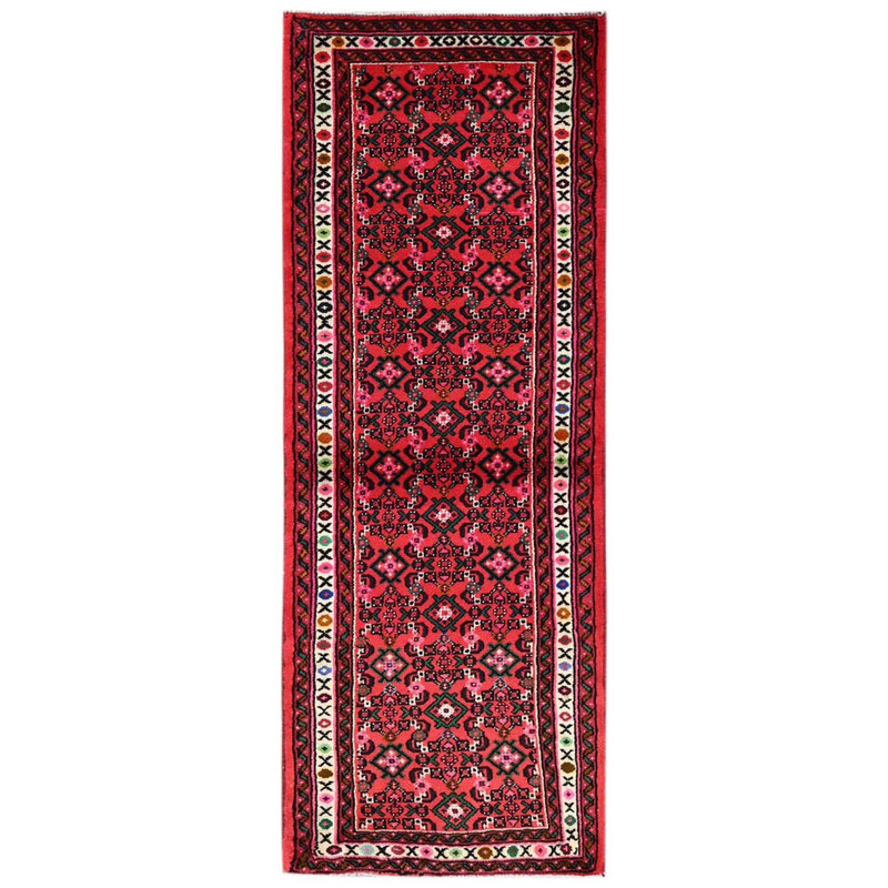 Tapis de couloir oriental rouge 2 pi 5 po x 6 pi 5 po Hussainabad rouge avec motif intégral, noué à la main, à poils longs, en laine douce et brillante