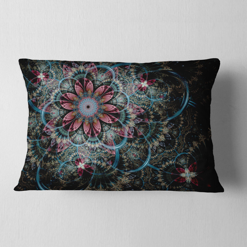 «Fractal fleur en bleu foncé», art numérique - coussin décoratif imprimé floral