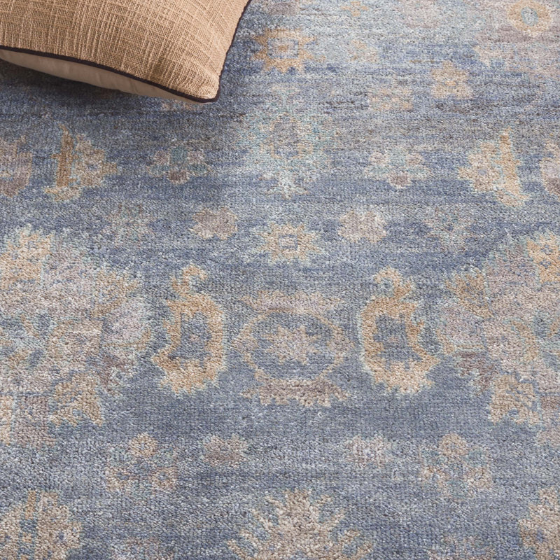 Rectangle Oriental Hand-Knotted Wool Area Rug in Blue/Brown, Rectangle 6' x 9'