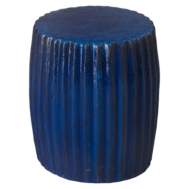 Pleated 18 in. Round Blue Ceramic Garden Stool
