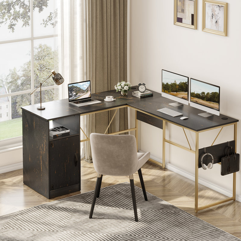 Fulcher 95.2'' W Reversible Manufactured Wood L-Shaped Desk with Cabinet, Black/Gold