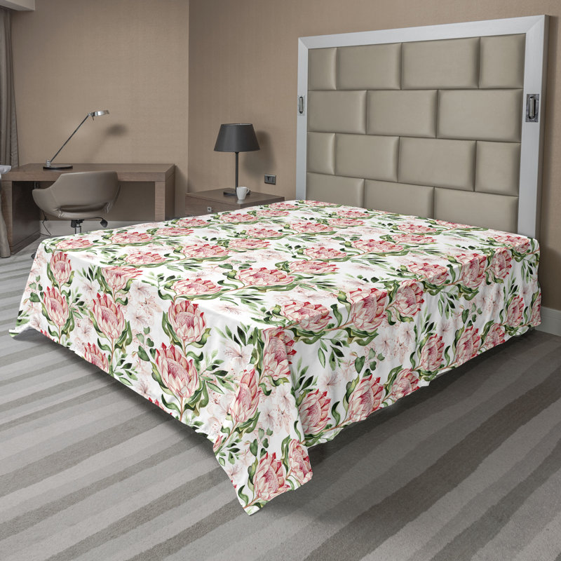 Ambesonne Flowers Flat Sheet Nostalgia Farmhouse, Pink Green Grey Yellow
