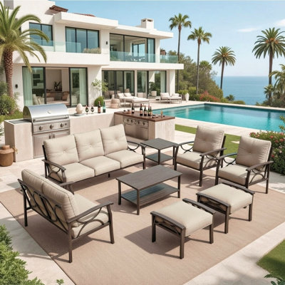 8-Piece Metal Patio Furniture Set, 9-Seat All-Weather Conversation Sofa With 4 Inches Thick Cushions, Frame, Coffee Table, Side Table, End Table & Ottomans For Porch Backyard Garden