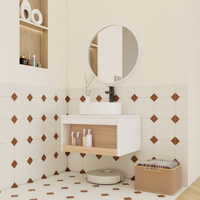 Meuble-lavabo flottant 24 po avec lavabo vasque rond blanc brillant, 23.62", White