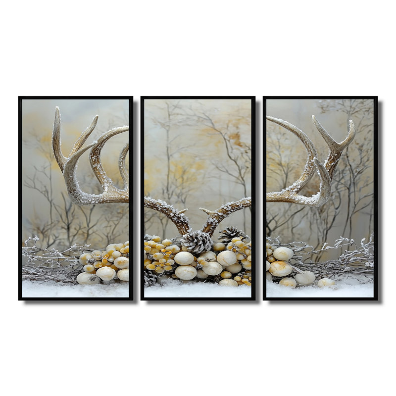 Cerf doré dans un décor de Noël I, Toile avec cadre flottant noir, H 40 po x l 60 po x P 1 po