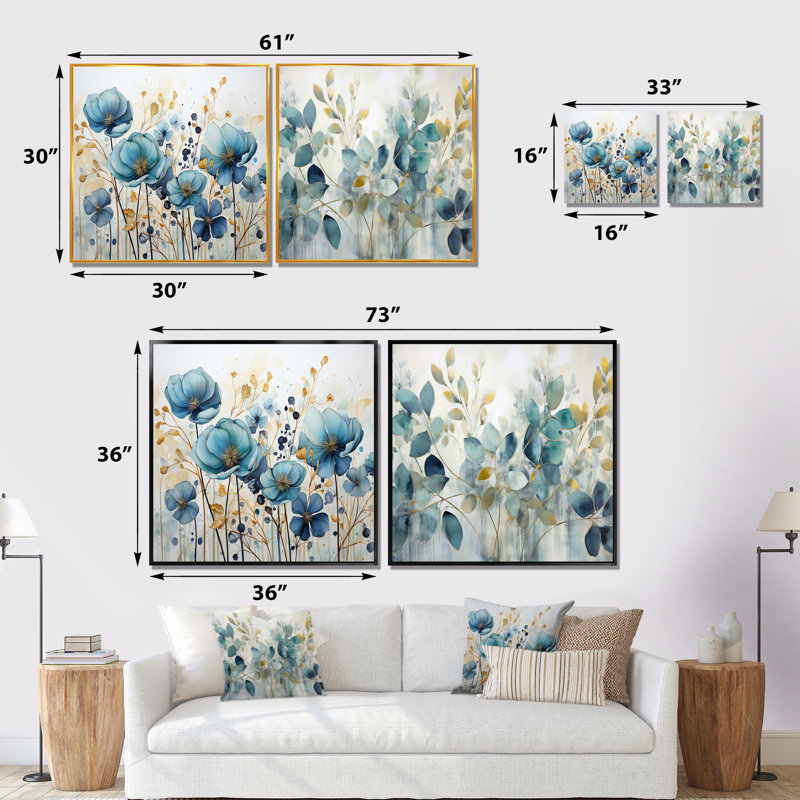 Blue Botanical Rhythms - Ensemble de 2 collages carrés botaniques abstraits, Cadre flottant noir, H 16 po x l 33 po