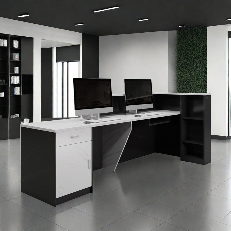 L-Shaped Reception Desk with Locking Drawers & Storage Cabinet, Side Storage Rack, Double Computer Desk for Office