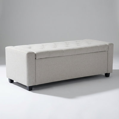 48-Inch Upholstered Storage Ottoman Bench with Arms for Bedroom and Living Room Seating, Beige Fabric with Tufted Design