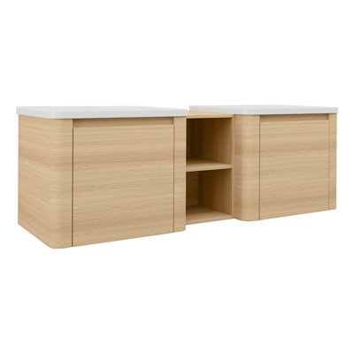 Meuble-lavabo mural 60 po avec lavabo en céramique blanche, tablettes de rangement et portes à fermeture en douceur, fabrication en contreplaqué, finition chêne blanc américain