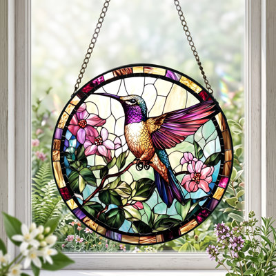 Luminaire suspendu en verre teinté de 6,3 pouces pour colibri, ornement floral rose, décoration de maison et de porte, cadeau bien pensé pour les amateurs d'oiseaux, grand-mère, convient pour la fête des mères et les fêtes de Noël
