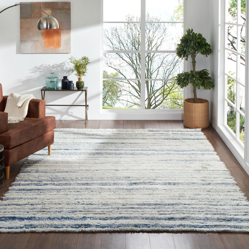 Belz Wool Striped Area Rug in Blue, Rectangle 3'6" x 5'6"