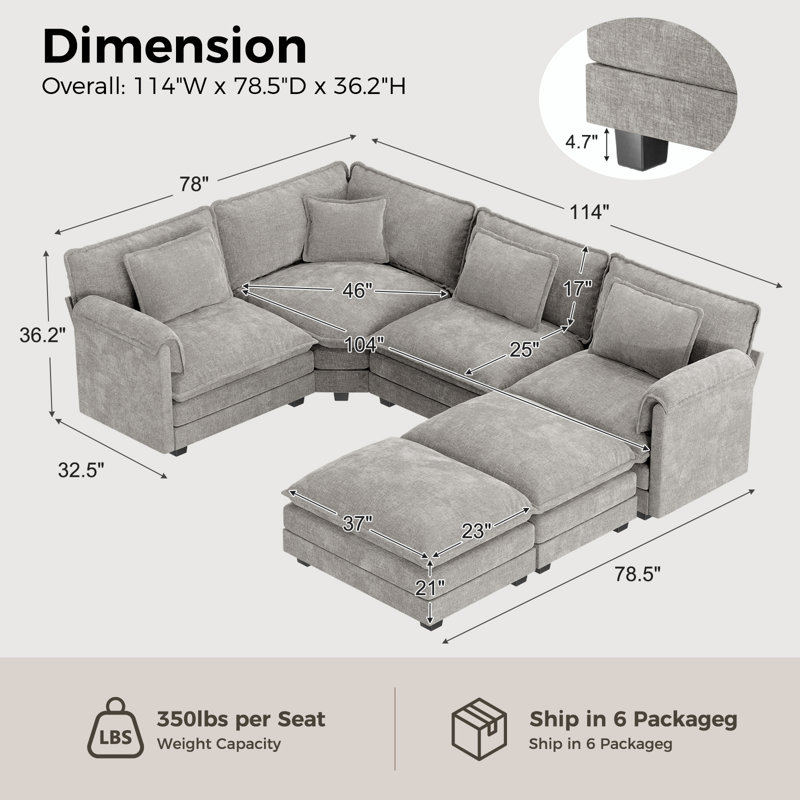 Canapé modulaire de coin modulaire en U rembourré 6 pièces 6 pièces 114 "avec tissu de chenille, Gris chenille