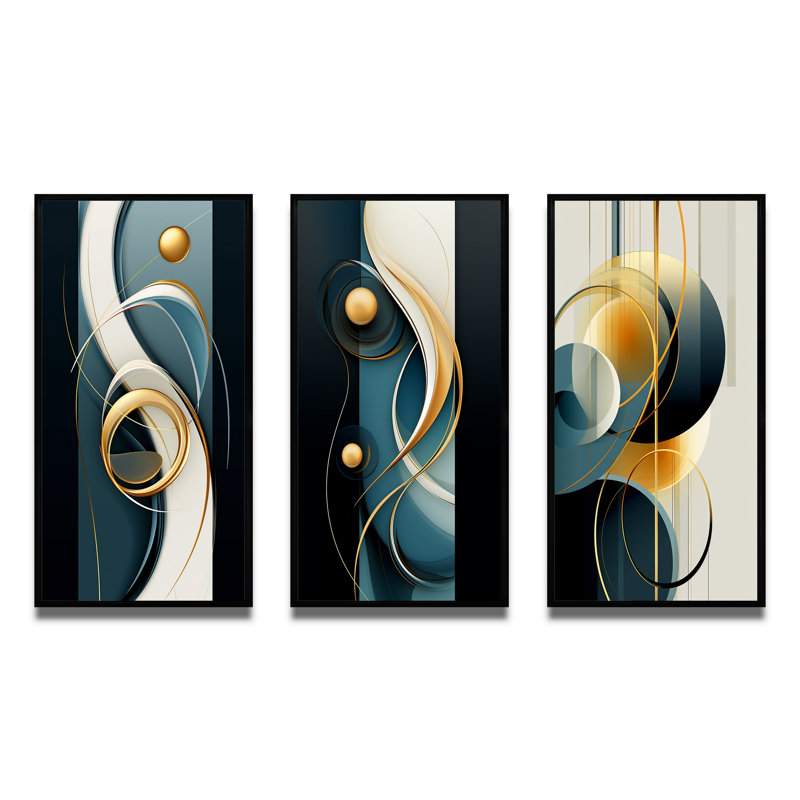 «Sublime Simplicity in Blue and Gold II», ensemble de 3 impressions, Cadre flottant noir, H 28 po x l 36 po