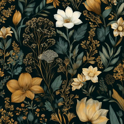 Papier peint auto-adhésif à motifs floraux rétro Botanical Tons dorés à contact foncé amovible auto-adhésif mural pour armoires de cuisine de chambre à coucher