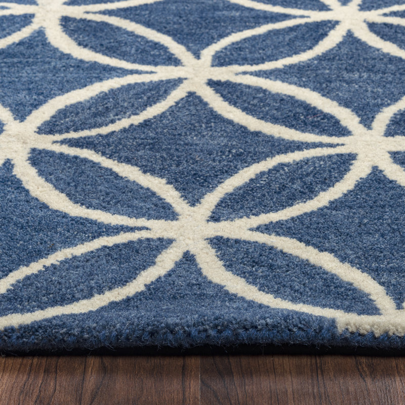Tapis en laine bleu et blanc à motif géométrique touffeté à la main, Rectangulaire 8 pi x 10 pi
