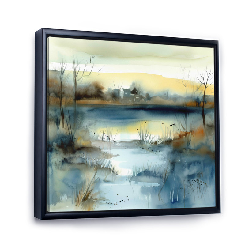 Summer Lake Landscape Illustration I, reproduction d'art sur toile, H 16 po x l 16 po x P 1 po, Cadre flottant noir