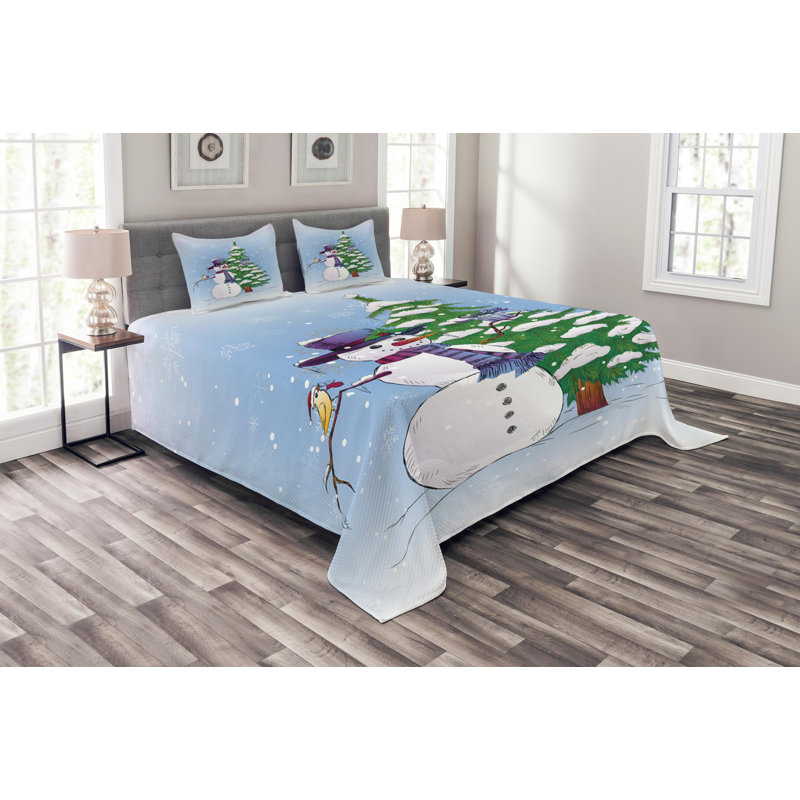 Blue Microfiber Queen Quilted Bedspread Set with Snowman Design