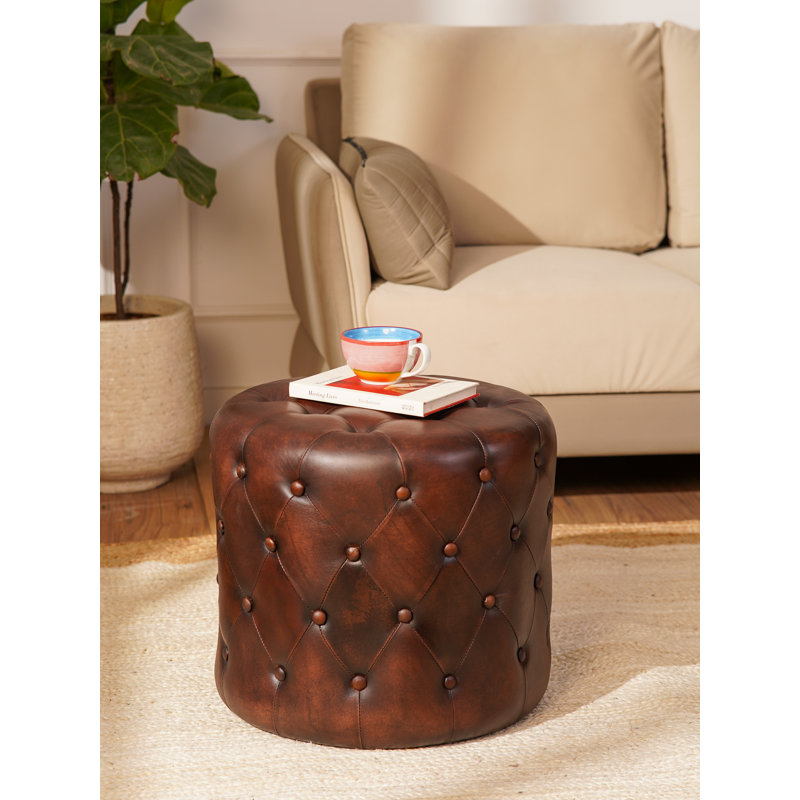 Handmade Eco-Friendly Solid Handmade Wood & Leather Round Ottomon, 21" H x 22.5" W x 22.5" D, Black Genuine Leather