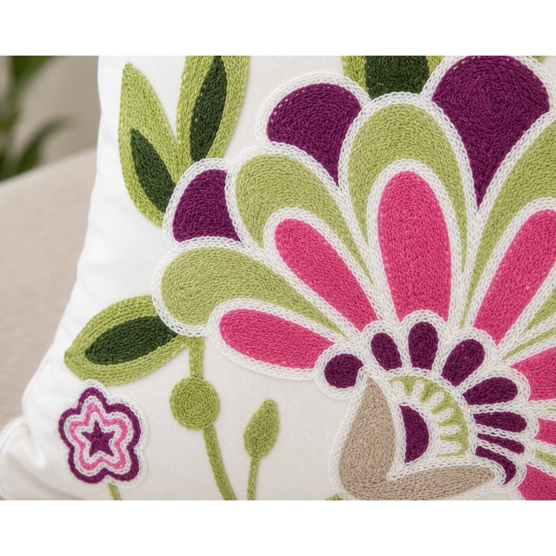 Flora Embroidered Cotton Reversible Throw Pillow, Violet, Feather