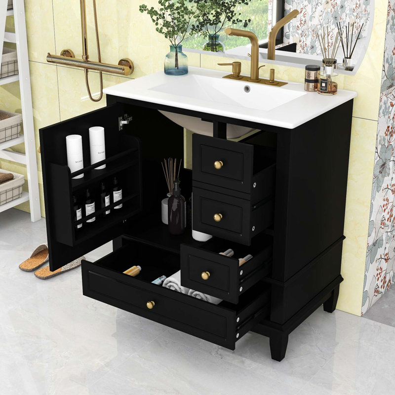 Meuble-lavabo avec lavabo, tablette et trois tiroirs, Noir