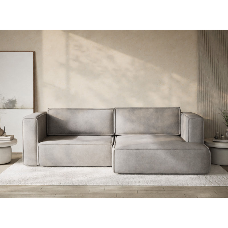 Four-Seater Corner Sofa With Bed Function, Grey/Beige Polyester/Chenille, Right Hand Facing