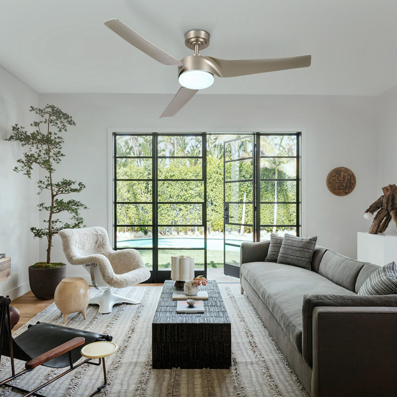 52" 3 - Blade Smart Propeller Ceiling Fan with Dimmable LED Light and Remote Control, Nickel