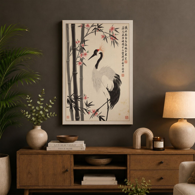 Crane Among Bamboo Japandi - Wrapped Canvas, 24x16 - 61.0 x 40.6 cm, Black Border