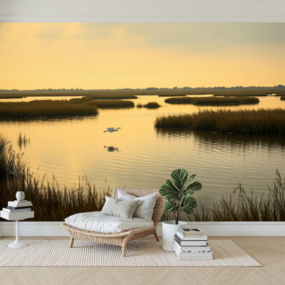 Peel and Stick Wallpaper 96" L x 69" W Modern Self Adhesive Wall Mural for Bedroom - With Dusk marsh low dragonfly Print
