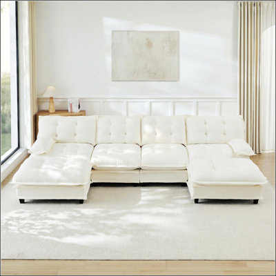 Canapé modulaire en L moderne avec repose-pieds, assise profonde et coussins en chenille confortables pour le salon et la chambre à coucher