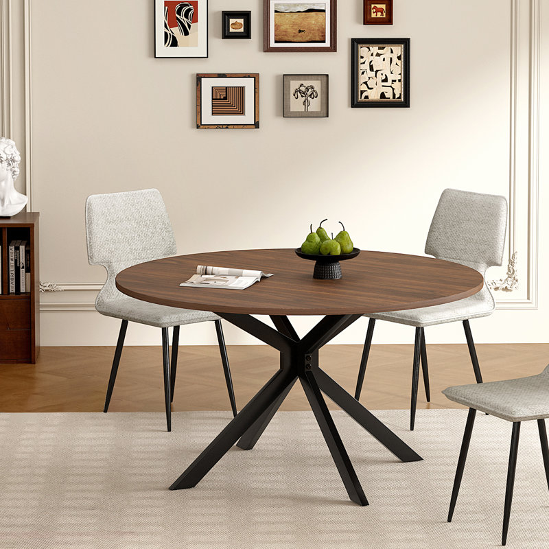 47.2" Round Wood Table With Wood Veneer &Sturdy Metal Base Kitchen Dining Table For Dining Room, Living Room, Indoor Patio