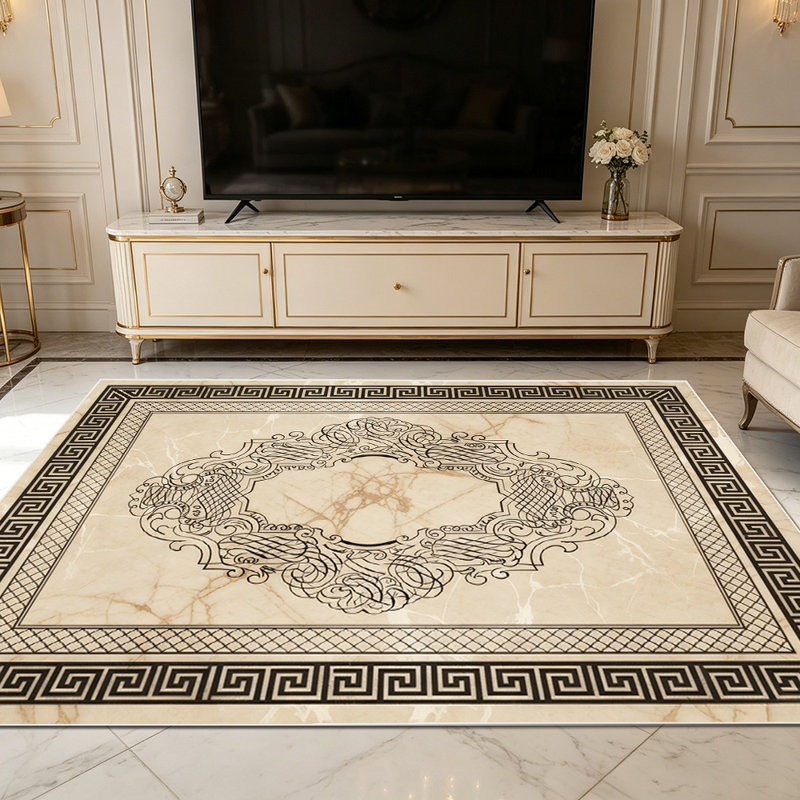1PC Vintage Greek Key Border Ornate Oval Medallion Marble Texture area rugs for Living Room, Soft and Comfortable, Suitable for all seasons, easy-to-maintain, machine washable Indoor floor mat, Under Table Farmhouse suitable for dining room, bedroom,