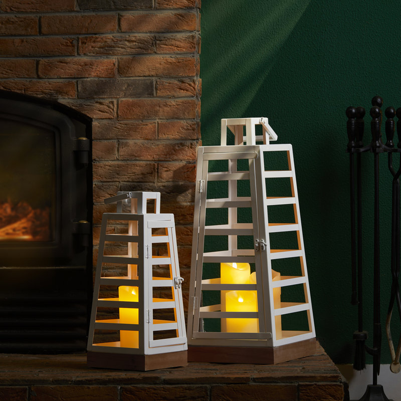 22.75''H Modern Tabletop Trapezoid Metal/Wood Lanterns, White