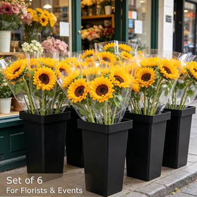 6 Pack Flower Buckets For Arrangements, Tall Plastic Floral Containers For Wedding Centerpieces, Florist Buckets Bulk, Modern Square Vase 13.25 Inch Black