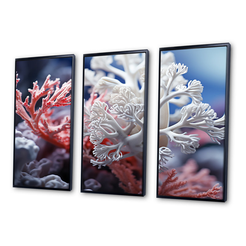 «White Coral And Anemones Dance» - ensemble d'art mural toile corail sous l'eau, Cadre flottant noir