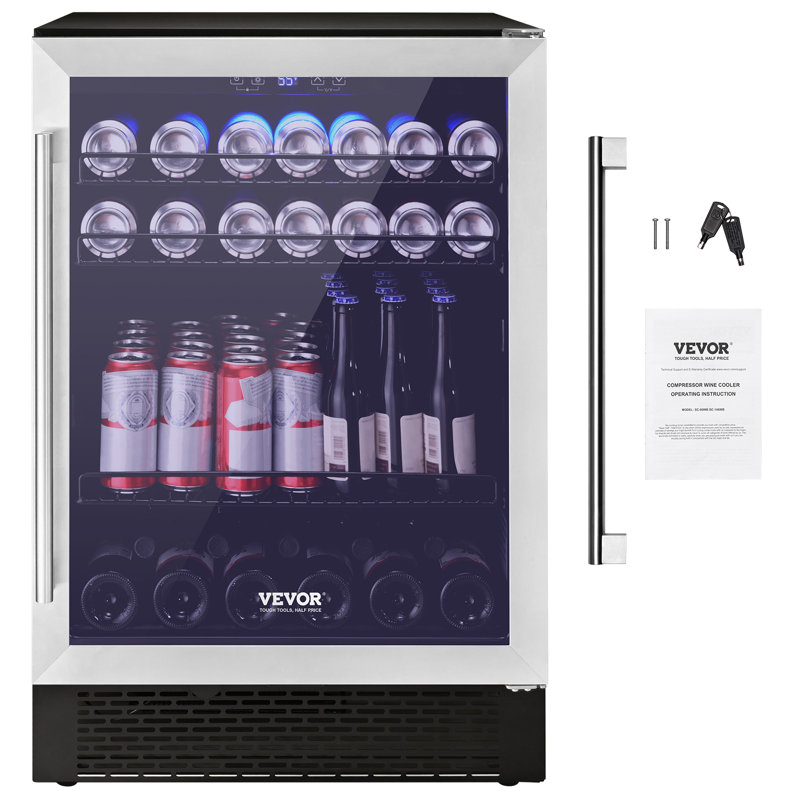 Black Stainless Steel Freestanding Beverage Refrigerator with Interior Lighting