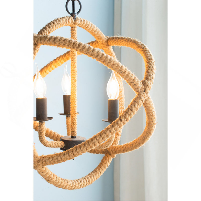 3- Light Farmhouse Chandelier, Rope Chandelier Globe Hanging Light Fixture With With Adjustable Chain For Kitchen Dining Room Foyer Entryway, Bulb Not Included