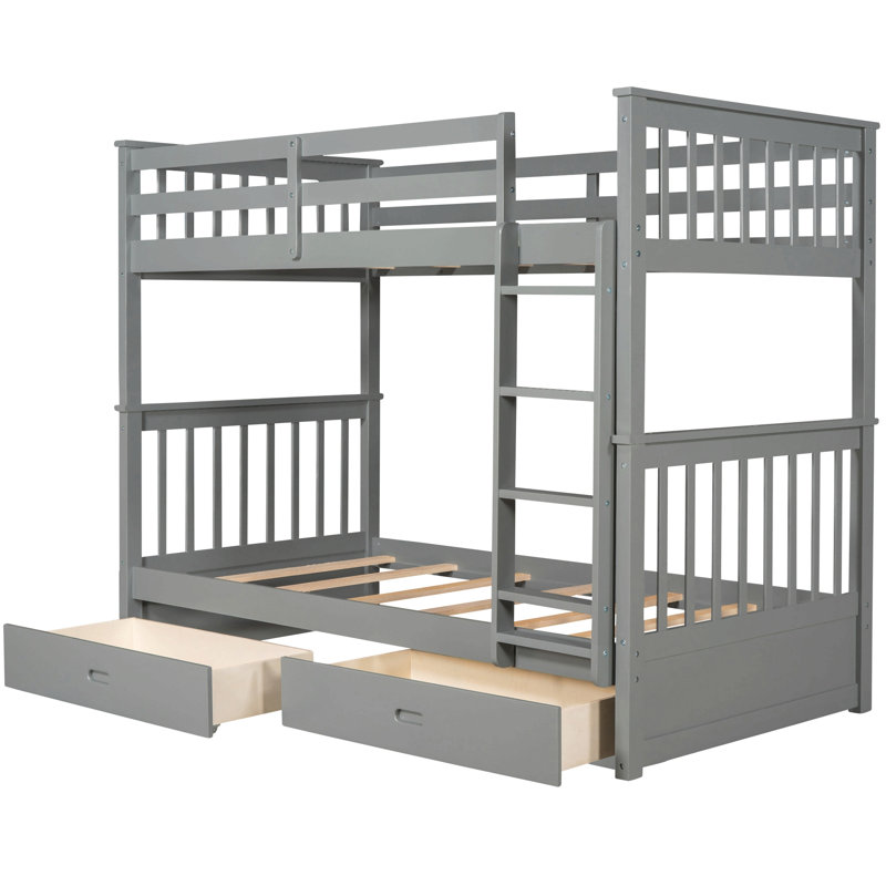 Lit superposé simple au-dessus de simple avec échelles et deux tiroirs de rangement (gris) (Lt000265aae)