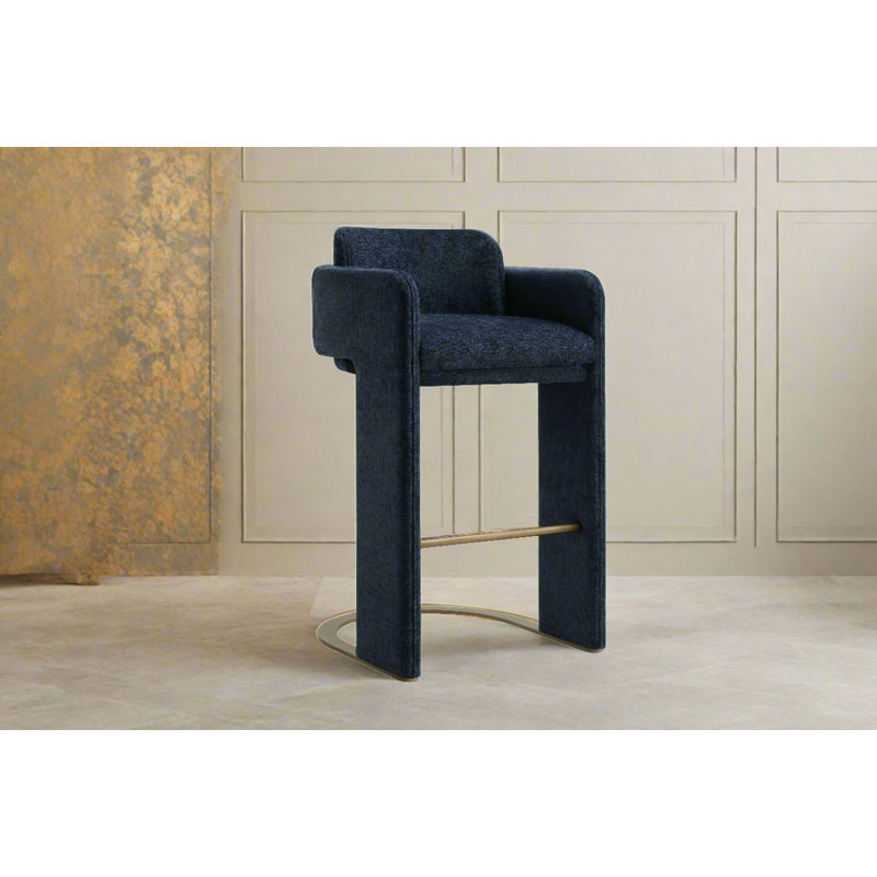 Tabouret rembourré avec dossier, repose-pieds et base sculpturale en métal Tryphosa, Bleu