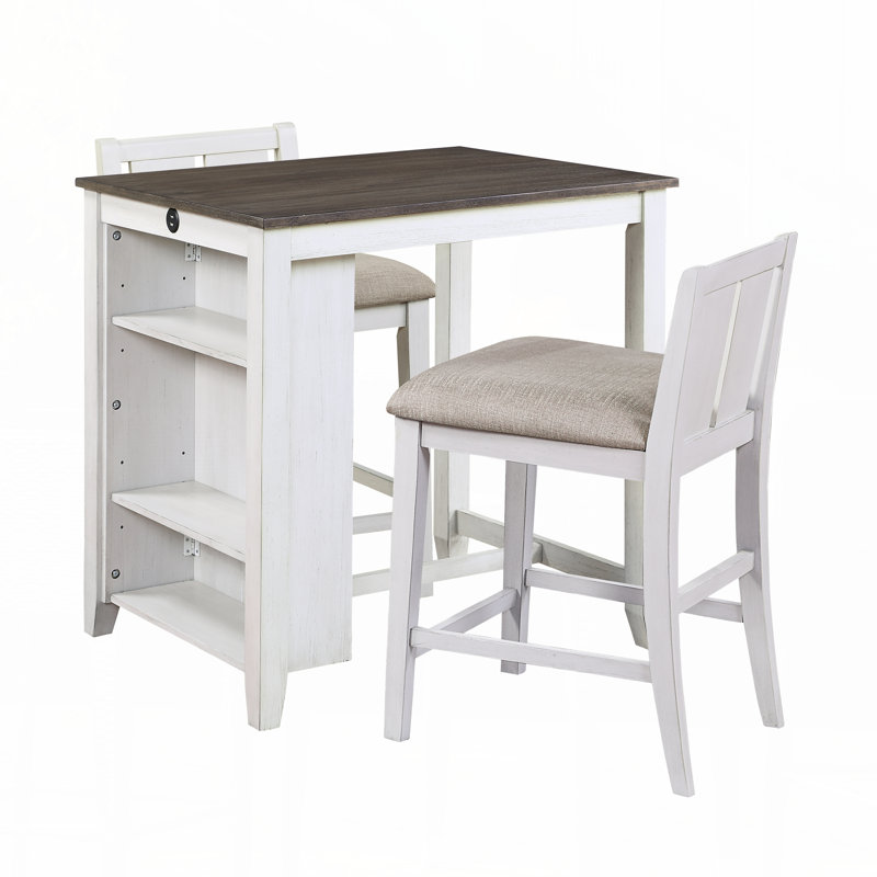 Ensemble de 3 tables à hauteur de comptoir de style transitionnel avec finition blanche et grise avec tablettes USB et 2 chaises à hauteur de comptoir rembourrées en tissu